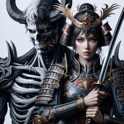 The primary subject of the image is a woman dressed in a traditional Asian costume, holding a sword. She is standing next to a skeleton, which is also holding a sword. The setting appears to be a fantasy or historical scene, with the woman's costume and the presence of the skeleton suggesting a connection to Asian culture or mythology. The visual style of the image is digital art, with the woman and skeleton depicted in intricate detail. The colors and mood of the image are dark and dramatic,